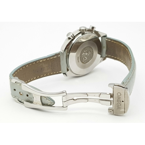 120 - An Omega Speedmaster Automatic Diamond Chronograph Ladies Watch. Pale blue leather strap. Stainless ... 
