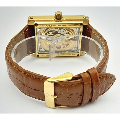 77 - Genuine Gold Plated ‘YVES CAMANI’  AUTOMATIC SKELETON WRISTWATCH. Large square face with Full Skelet... 