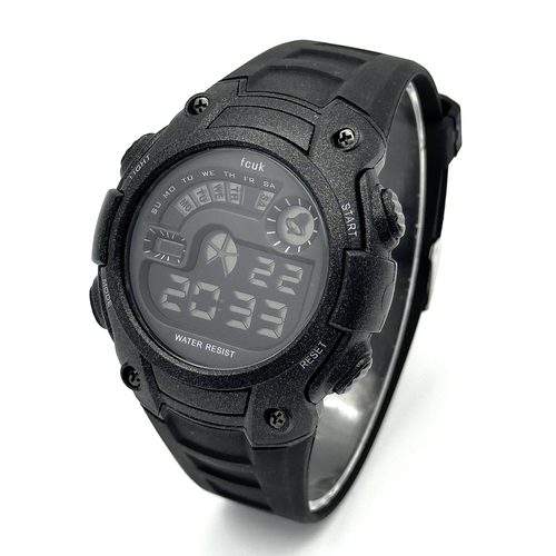 80 - A FCUK DIGITAL WATCH ON BLACK RUBBER STRAP IN FULL WORKING ORDER. S/A 1267.