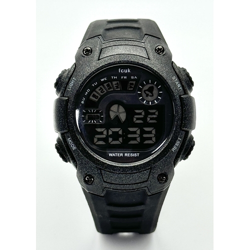 80 - A FCUK DIGITAL WATCH ON BLACK RUBBER STRAP IN FULL WORKING ORDER. S/A 1267.
