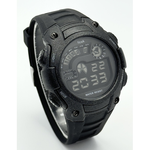 80 - A FCUK DIGITAL WATCH ON BLACK RUBBER STRAP IN FULL WORKING ORDER. S/A 1267.