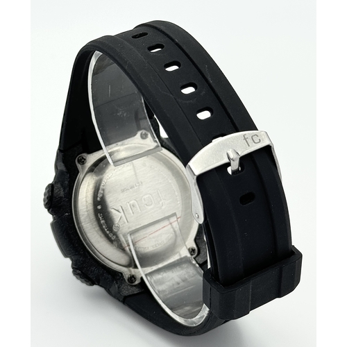 80 - A FCUK DIGITAL WATCH ON BLACK RUBBER STRAP IN FULL WORKING ORDER. S/A 1267.