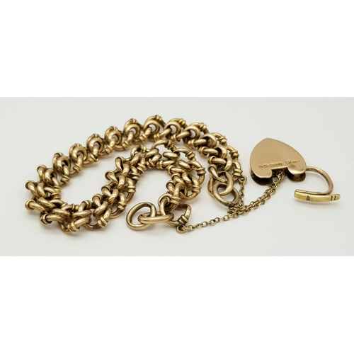 67 - An Antique 1907, 9K Rose Gold Fancy Link Bracelet with Heart Clasp. 20cm. 17.48g. R-6370921.