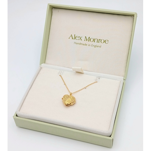 325 - An Alex Monroe Gilded 925 Silver Heart Locket Pendant on Necklace. 27mm pendant, 44cm chain, 3.88g w... 