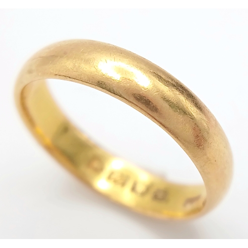 127 - A Vintage 22K Gold Band Ring. Full UK hallmarks. 5mm width. Size N. 4.3g.