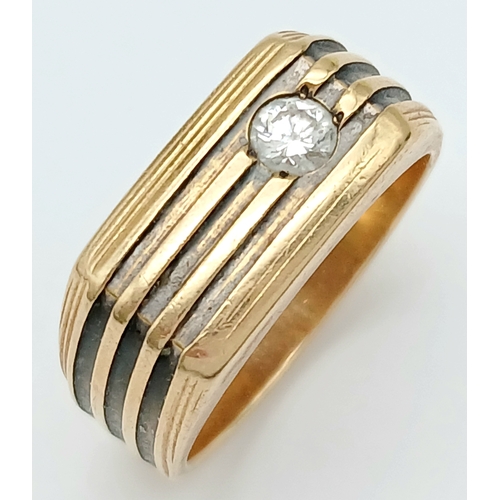 125 - A Stylish 14K Gold 'Le Mans' Diamond Signet Ring. 0.20ct round brilliant cut. Size R. 8.2g.