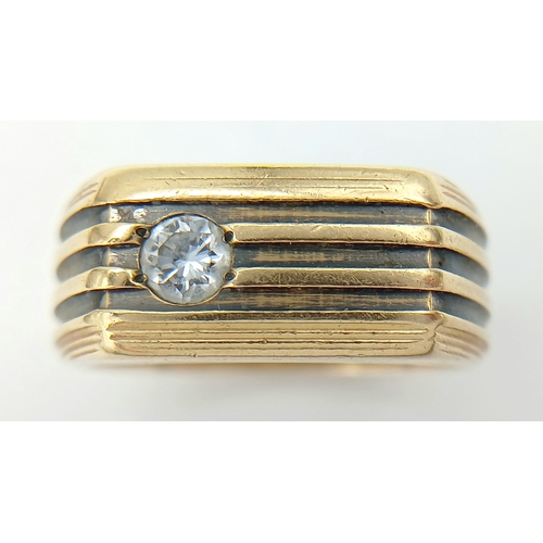 125 - A Stylish 14K Gold 'Le Mans' Diamond Signet Ring. 0.20ct round brilliant cut. Size R. 8.2g.