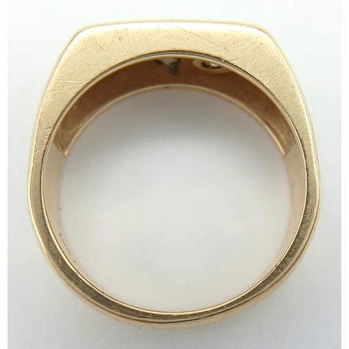 125 - A Stylish 14K Gold 'Le Mans' Diamond Signet Ring. 0.20ct round brilliant cut. Size R. 8.2g.