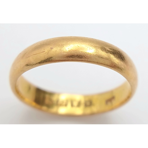 127 - A Vintage 22K Gold Band Ring. Full UK hallmarks. 5mm width. Size N. 4.3g.