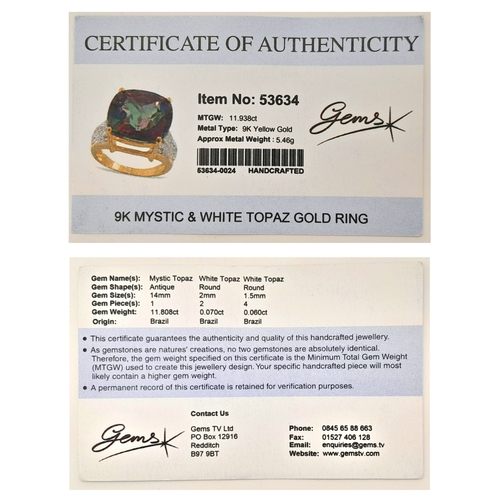 132 - A 9K Yellow Gold Mystic Topaz Ring. 11.808ct, Brazilian Antique cut centre stone with white topaz ac... 