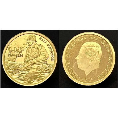 164 - A 2024 KING CHARLES III, PROOF CONDITION, D DAY 80TH ANNIVERSARY HALF SOVEREIGN COIN. 22K GOLD. C-50... 
