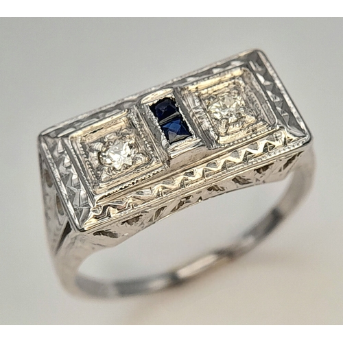 165 - An 18K WHITE GOLD VINTAGE DIAMOND & SAPPHIRE RING. 4.4G , SIZE J. Ref: TAN 5011