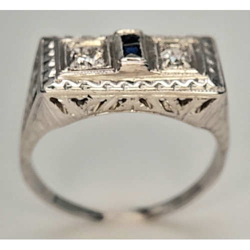 165 - An 18K WHITE GOLD VINTAGE DIAMOND & SAPPHIRE RING. 4.4G , SIZE J. Ref: TAN 5011