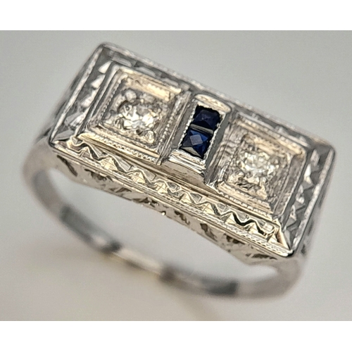 165 - An 18K WHITE GOLD VINTAGE DIAMOND & SAPPHIRE RING. 4.4G , SIZE J. Ref: TAN 5011