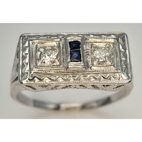 165 - An 18K WHITE GOLD VINTAGE DIAMOND & SAPPHIRE RING. 4.4G , SIZE J. Ref: TAN 5011