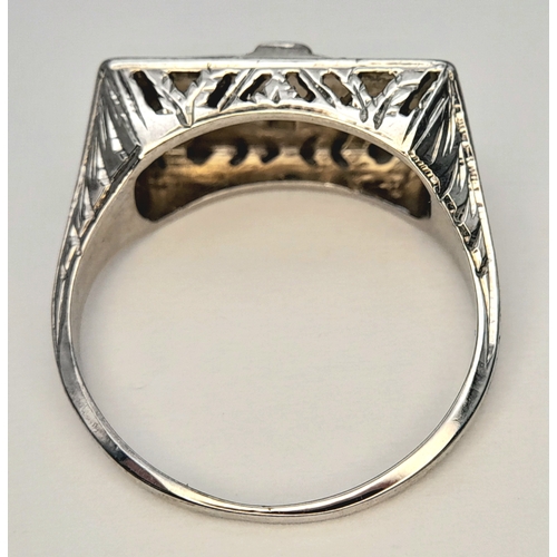 165 - An 18K WHITE GOLD VINTAGE DIAMOND & SAPPHIRE RING. 4.4G , SIZE J. Ref: TAN 5011