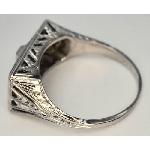 165 - An 18K WHITE GOLD VINTAGE DIAMOND & SAPPHIRE RING. 4.4G , SIZE J. Ref: TAN 5011