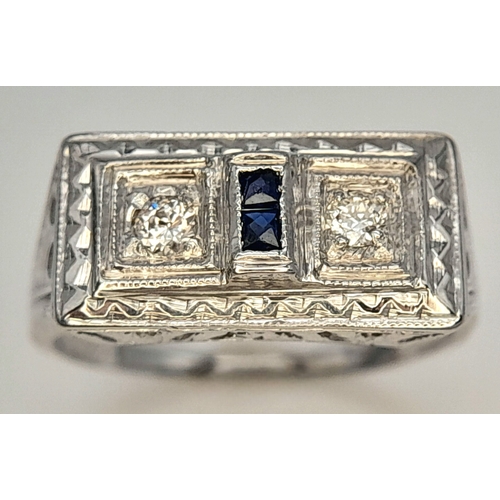165 - An 18K WHITE GOLD VINTAGE DIAMOND & SAPPHIRE RING. 4.4G , SIZE J. Ref: TAN 5011