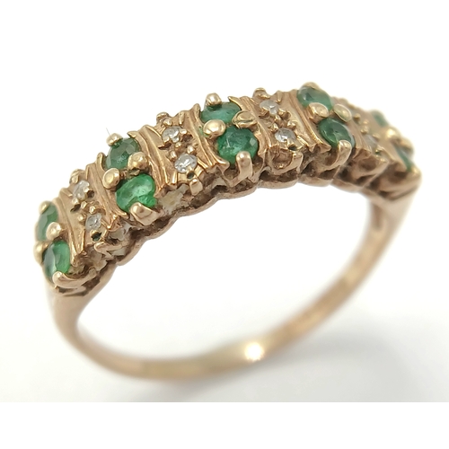 121 - A 9K Yellow Gold Emerald and Diamond Two Row Ring. Size K. 1.93g