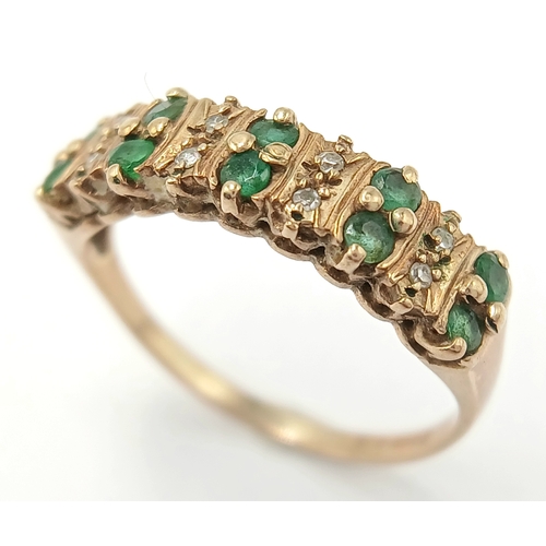 121 - A 9K Yellow Gold Emerald and Diamond Two Row Ring. Size K. 1.93g