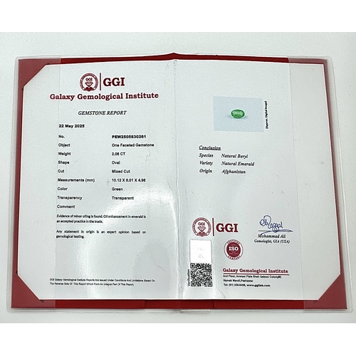 1244 - A 2.06ct Rare Emerald Gemstone. Oval mixed cut. Afghanistan Panjsher Mined. GGI Certified. Ref: PK 1... 