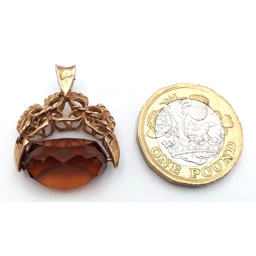 154 - Vintage 9 CARAT GOLD and BROWN AMETHYST SPINNING FOB pendant . Having Beautiful Gold Work  with Full... 