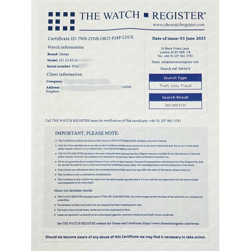 861 - An Omega Seamaster Aqua Terra Automatic Gents Watch. Model - 231.23.43.22.06.001. Black leather stra... 