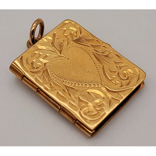 148 - A 9K Yellow Gold Book Form ornate Locket Pendant. 2cm. 2.9g.