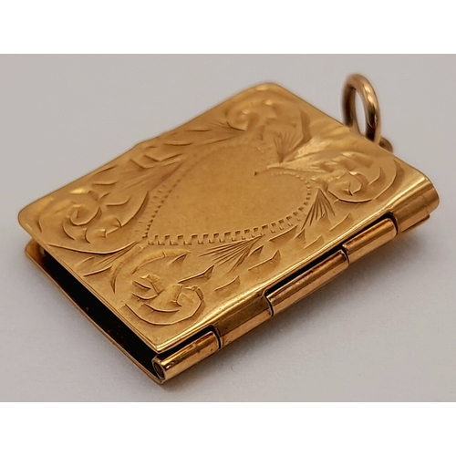 148 - A 9K Yellow Gold Book Form ornate Locket Pendant. 2cm. 2.9g.