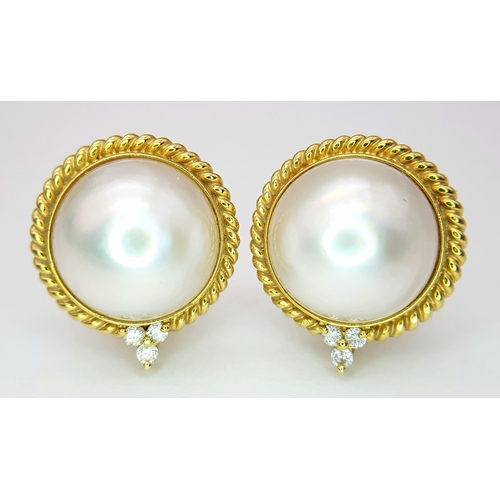 155 - A Pair of 18K Yellow Gold, Mabe Pearl and Diamond Earrings. Beautiful pearl cabochons each with thre... 