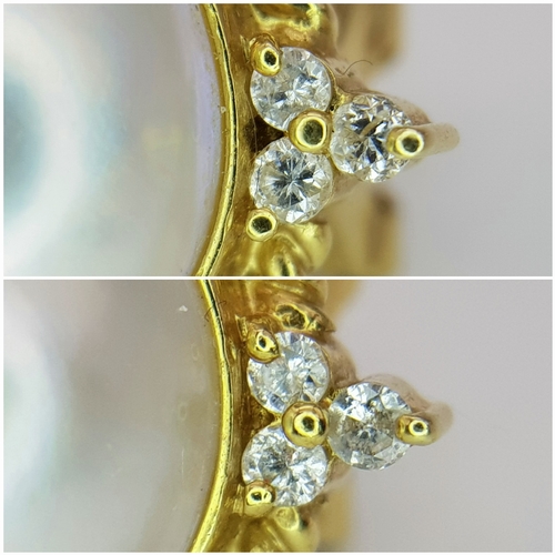 155 - A Pair of 18K Yellow Gold, Mabe Pearl and Diamond Earrings. Beautiful pearl cabochons each with thre... 