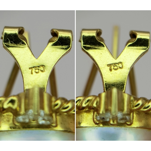 155 - A Pair of 18K Yellow Gold, Mabe Pearl and Diamond Earrings. Beautiful pearl cabochons each with thre... 