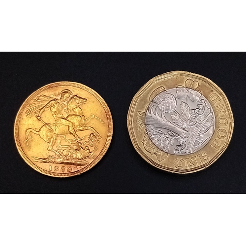 131 - An 1889 QUEEN VICTORIA JUBILEE HEAD LONDON MINT FULL SOVEREIGN COIN. 22K GOLD. REF: C 6004