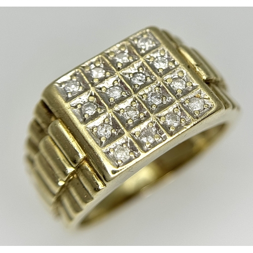 166 - A 9K YELLOW GOLD DIAMOND SET GENTS RING - ROLEX STYLE SIDES. 7.7G TOTAL WEIGHT, SIZE S. REF: SC 6016
