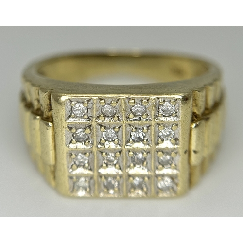 166 - A 9K YELLOW GOLD DIAMOND SET GENTS RING - ROLEX STYLE SIDES. 7.7G TOTAL WEIGHT, SIZE S. REF: SC 6016