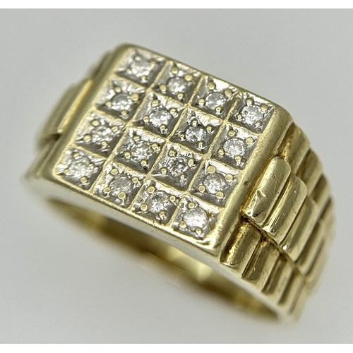 166 - A 9K YELLOW GOLD DIAMOND SET GENTS RING - ROLEX STYLE SIDES. 7.7G TOTAL WEIGHT, SIZE S. REF: SC 6016