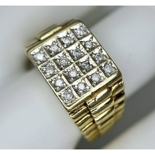 166 - A 9K YELLOW GOLD DIAMOND SET GENTS RING - ROLEX STYLE SIDES. 7.7G TOTAL WEIGHT, SIZE S. REF: SC 6016