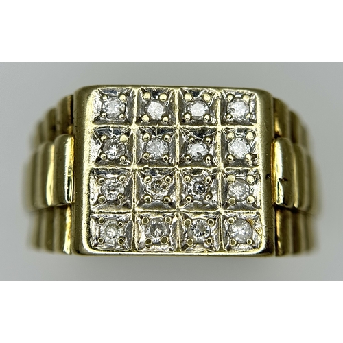 166 - A 9K YELLOW GOLD DIAMOND SET GENTS RING - ROLEX STYLE SIDES. 7.7G TOTAL WEIGHT, SIZE S. REF: SC 6016