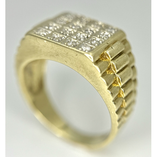 166 - A 9K YELLOW GOLD DIAMOND SET GENTS RING - ROLEX STYLE SIDES. 7.7G TOTAL WEIGHT, SIZE S. REF: SC 6016