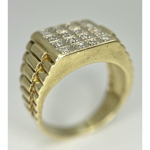 166 - A 9K YELLOW GOLD DIAMOND SET GENTS RING - ROLEX STYLE SIDES. 7.7G TOTAL WEIGHT, SIZE S. REF: SC 6016