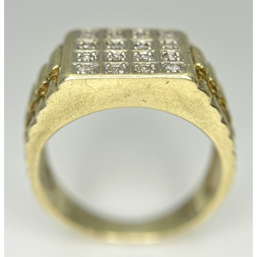 166 - A 9K YELLOW GOLD DIAMOND SET GENTS RING - ROLEX STYLE SIDES. 7.7G TOTAL WEIGHT, SIZE S. REF: SC 6016