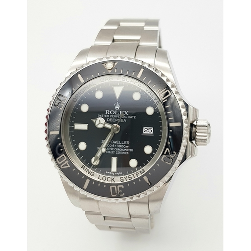 A ROLEX  "SEA-DWELLER" OYSTER PERPETUAL DATE DEEPSEA AUTOMATIC DIVING WATCH WITH THE GAS ESCAPE VALVE , AS NEW CONDITION WITH BLACK DIAL AND BEZEL , IN STAINLESS STEEL....A FABULOUS BUY!