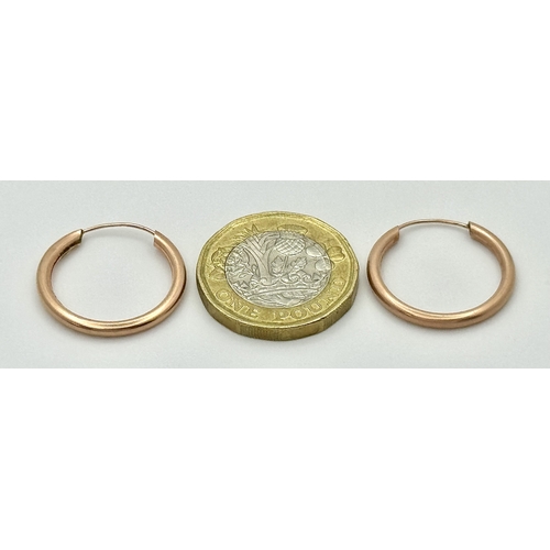 175 - Classic Pair of 9 CARAT ‘ROSE GOLD’ HOOP EARRINGS. Patterned Side Detail.  0.8 Grams. 2 cm Diameter.