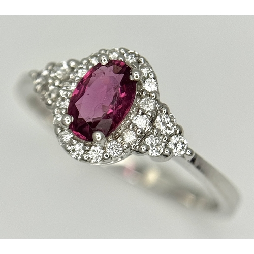177 - An 18K White Gold, Ruby and Diamond Ring. 0.25ct oval cut high grade central ruby with a diamond clu... 