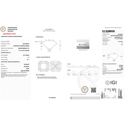 169 - A 2.27ct Square Emerald cut Lab-Grown Diamond. Color D, clarity VS1. IGI certified. Measurements 7.1... 