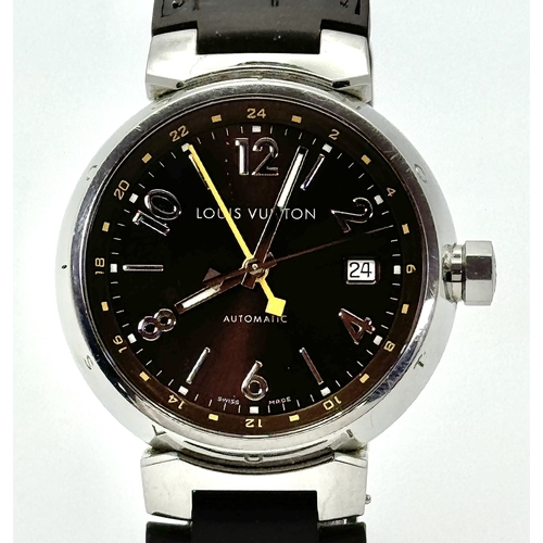 30 - A Louis Vuitton Tambour GMT Automatic Gents Watch. Brown leather strap. Stainless steel case - 39mm.... 