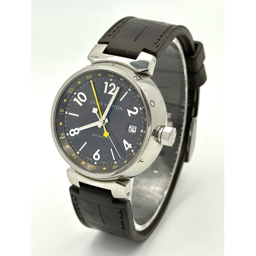 30 - A Louis Vuitton Tambour GMT Automatic Gents Watch. Brown leather strap. Stainless steel case - 39mm.... 