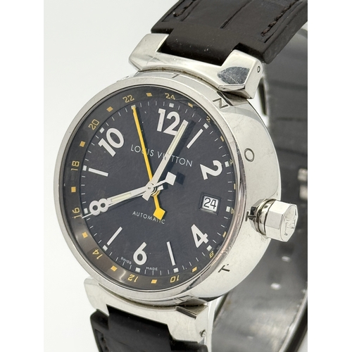 30 - A Louis Vuitton Tambour GMT Automatic Gents Watch. Brown leather strap. Stainless steel case - 39mm.... 