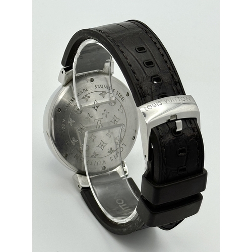 30 - A Louis Vuitton Tambour GMT Automatic Gents Watch. Brown leather strap. Stainless steel case - 39mm.... 