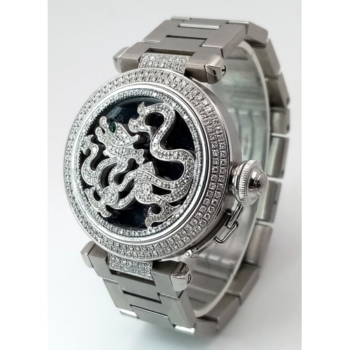 43 - A Pasha De Cartier Diamond Dragon Ladies Watch. Stainless steel bracelet and case - 36mm. Ornate Dia... 